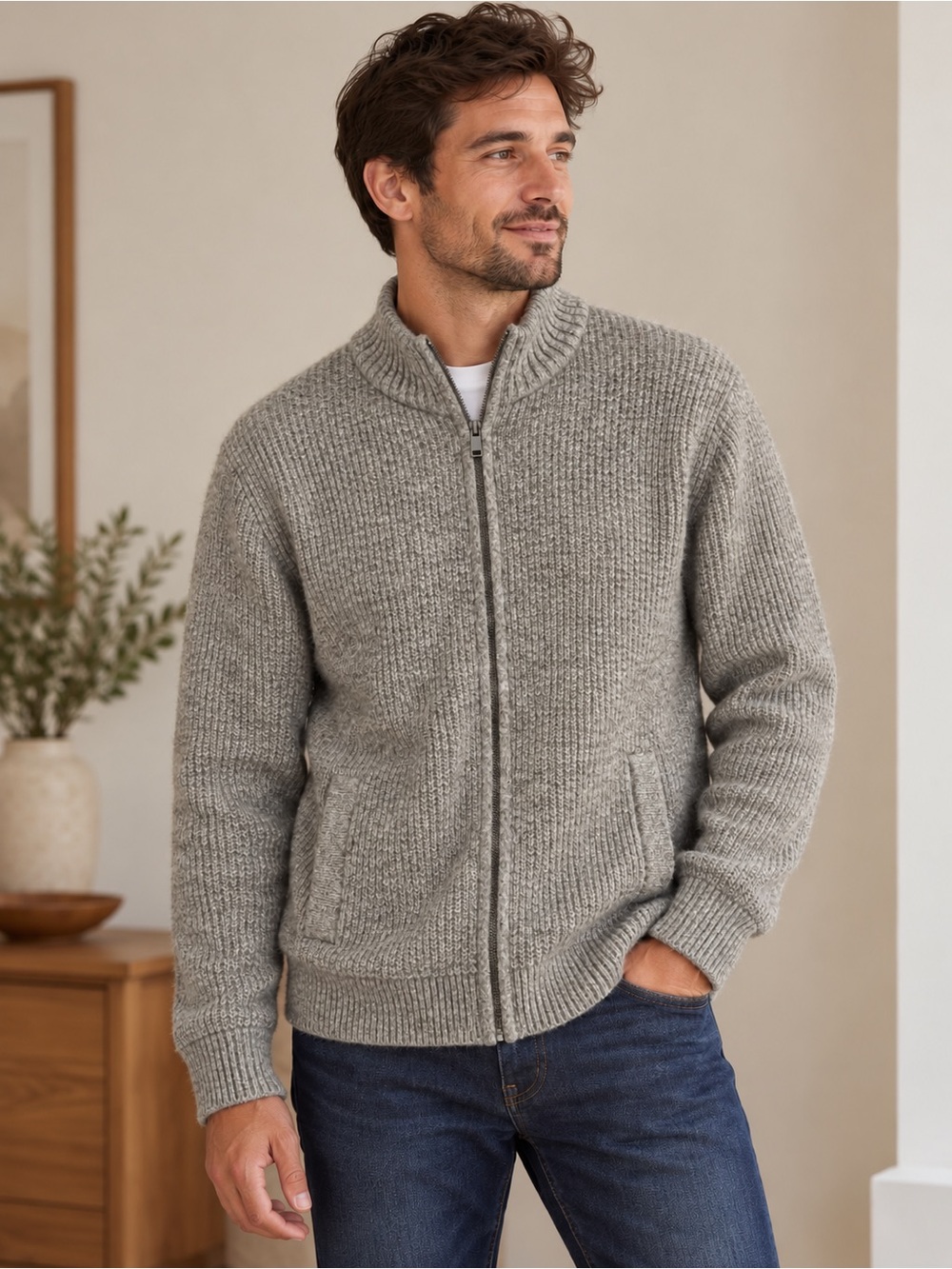 Classic Grey Full Zip Up Wool Blend Ribbed Sweater Jacket Grey Small Oversized